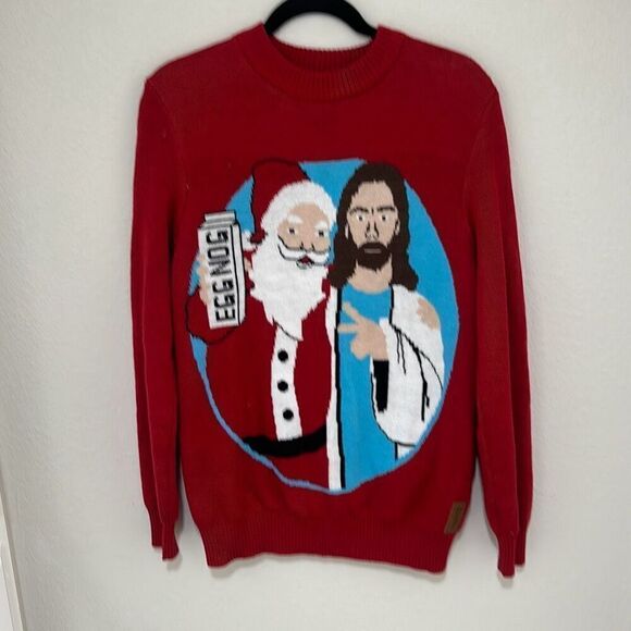 Tipsy Elves Mens Red Jesus Santa Ugly Santa Christmas Sweater Size Medium‎ - Picture 1 of 6